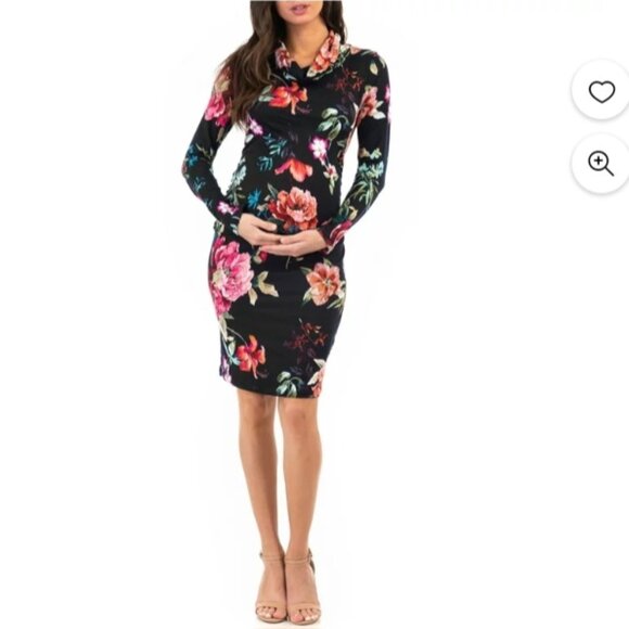 Mother Bee Maternity Dress Long Sleeve Cowl Neck Floral Bodycon Black Red Size M - Picture 3 of 9